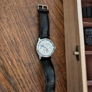 Silver Skeleton Watch with Black Leather Strap